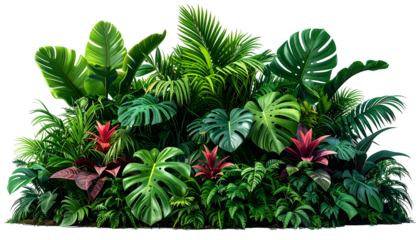 Lush digital illustration of diverse tropical plants & foliage in various shades