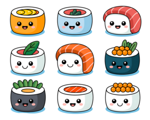 Cute kawaii sushi characters on black background