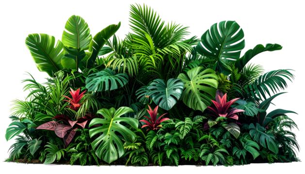 Lush digital illustration of diverse tropical plants & foliage in various shades