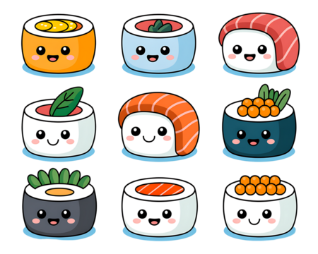 Cute kawaii sushi characters on black background - Powered by Adobe