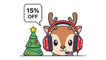 Festive Offer: A charming cartoon reindeer sporting headphones and a speech bubble with a '15% OFF' offer, set against a cheerful Christmas tree.