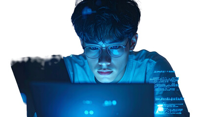 Young person focused on a laptop screen, illuminated by blue light in a dark setting