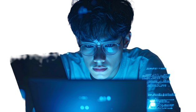 Young person focused on a laptop screen, illuminated by blue light in a dark setting