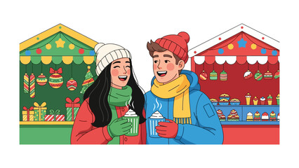 Joyful Winter Market: A couple strolls through a vibrant winter market, sipping warm beverages and sharing laughter amidst festive stalls, embracing the warmth of connection and the joy of the season.