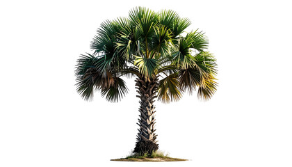 Isolated tropical tree with a fan-like crown and textured trunk, black background