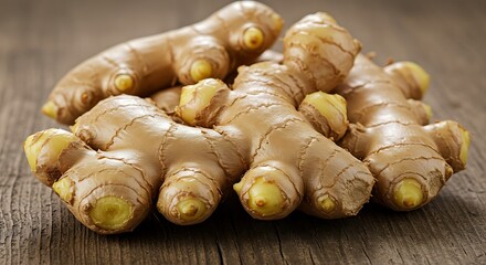 Close-up of fresh ginger root bulbs resting on weathered, rustic wooden surface