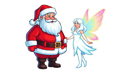 Christmas Friendship: Santa Claus and a radiant fairy stand side-by-side, sharing a moment of holiday warmth. A vibrant illustration perfect for Christmas.