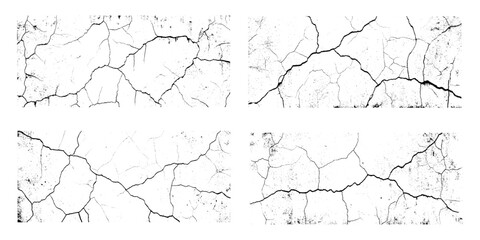 Set of vector Black and white cracked wall, old wall, grunge wall paint effect, grungy transparent texture background. Vector grunge cracked texture style with cracked texture.