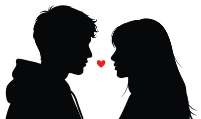 Silhouette of a couple facing each other with a red heart between them