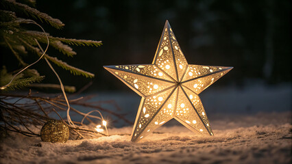 Glowing christmas star lantern on snow with christmas tree branch