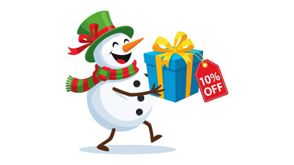 Festive Gift from Snowman: A jovial snowman, adorned in festive attire, cheerfully presents a wrapped gift box, complete with a ribbon and tag offering a discount.