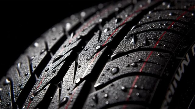 Close-up of wet tire tread with water droplets