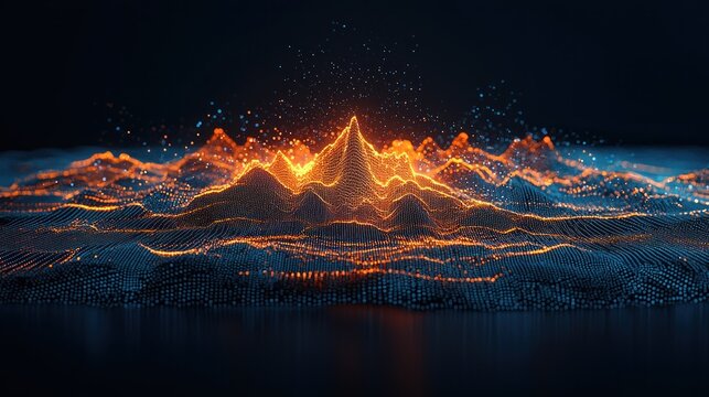 Abstract glowing energy waves form a fiery mountain landscape - Powered by Adobe