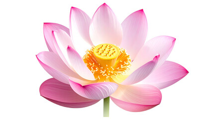 A close-up of a blooming lotus flower with pink petals and a yellow center, isolated