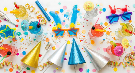 Obraz premium Overhead shot of colorful party decorations and drinks on a white background for celebration 100