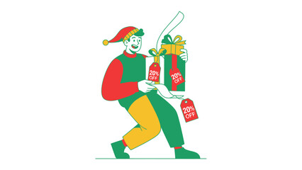 Holiday Sale: Animated person eagerly showcases a stack of holiday gifts adorned with enticing sale tags, promising great deals and savings. 