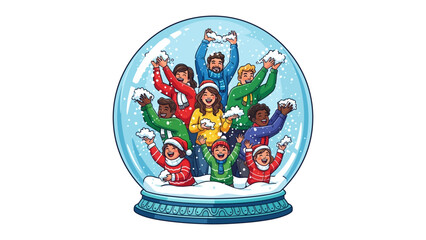 Winter Wonderland Inside the Globe: A cheerful group inside a snow globe, playfully tossing snowflakes. Capturing the magical joy and whimsical charm of winter.
