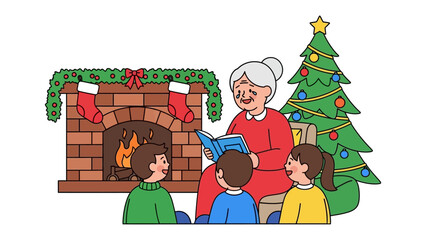 Cozy Christmas Storytime: A grandmother reads a heartwarming tale to a group of children by a crackling fireplace, a Christmas tree adding festive cheer.