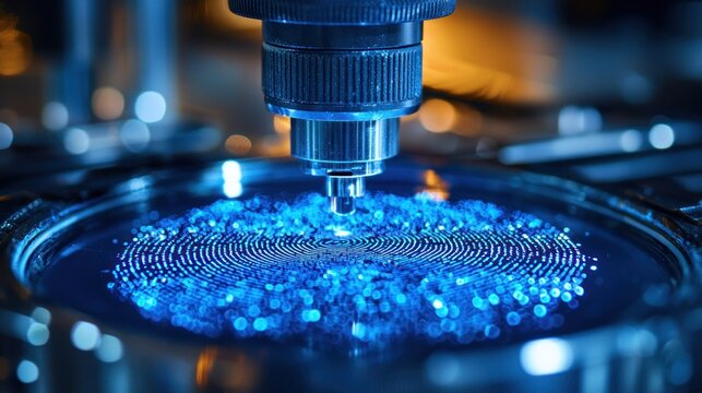 Advanced industrial robotic arm precisely creates intricate patterns with blue light