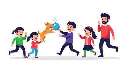 Fototapeta premium Family Fun with a Playful Pup: A lively family engages in a joyous game with their exuberant dog, capturing the essence of togetherness, fun and adventure