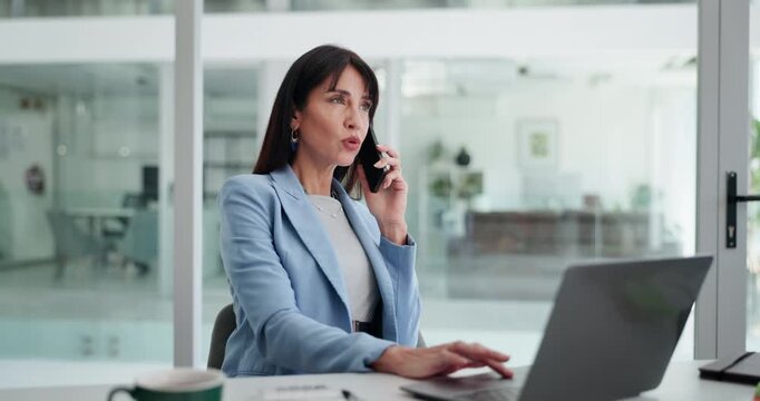 Laptop, business woman and phone call in office for financial deal, negotiation or advice. Computer, mobile and talk with wealth advisor, consulting or investment solution with happy mature person