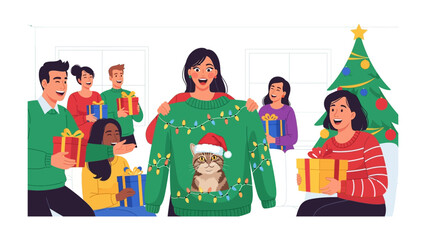 Holiday Cheer: A group joyfully exchanges Christmas presents, centered around a person showcasing a festive sweater. This scene captures the warmth and togetherness of the holidays.