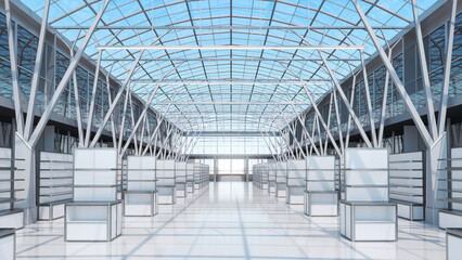 Large sunlit retail space with white display stands, glossy floor, clear vaulted roof overlooking the blue sky. 3d illustration
