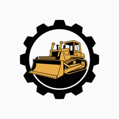 Yellow bulldozer inside a black gear cog symbol for construction and industry