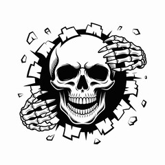 Obraz premium Skeleton hands breaking through a wall revealing a skull
