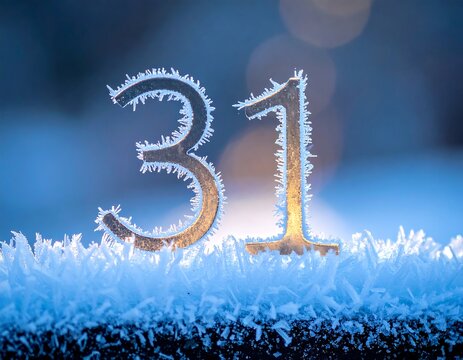 Close-up of number 31 covered in frost, sitting on frosted surface against blurred background