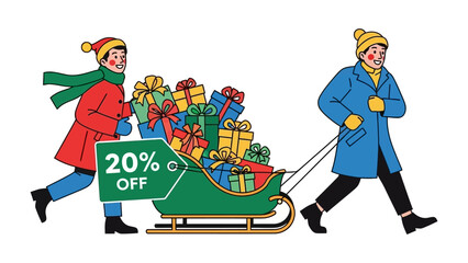 Winter Sale Dash: Two individuals enthusiastically pull a festive sleigh filled with enticing gifts, highlighting a significant 20% OFF promotion, evoking a sense of seasonal joy and bargain hunting.
