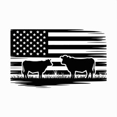 American flag with cattle silhouette on a farm