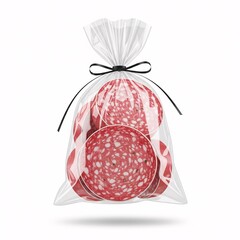 Salami slices in a clear plastic bag tied with a black ribbon on a white background studio shot