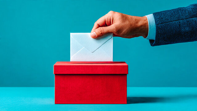 Main d'homme pla&ccedil;ant une enveloppe blanche dans une urne rouge