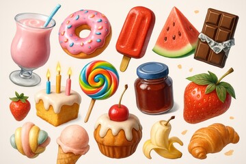 Assortment of colorful sweet treats including milkshakes, donuts, popsicles, and cakes