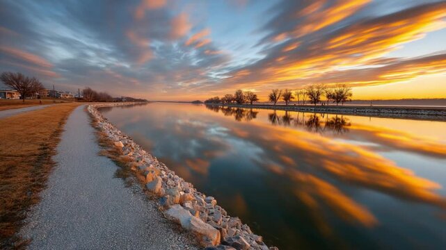 Reflections of Serenity: A scenic waterway mirrors the vibrant hues of a breathtaking sunset, with a tranquil path inviting exploration. This idyllic vista promises peace and reflection.