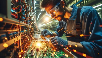 electrician fixing a circuit board with safety goggle in a well lit factory, soldering sparks flying