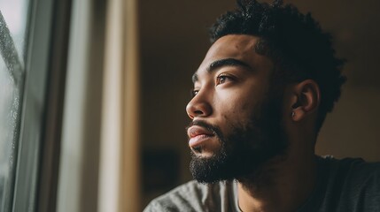 Young african man staring out window with focus and reflection. Gentle lighting emphasizes emotion, hope and inner thoughts. Modern emotional male portrait with copy space