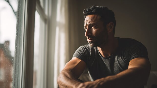 Serious man looking outside on rainy day. Natural daylight reflecting calm, deep thoughts and emotional contemplation. Indoor portrait of solitude and reflection with text space - Powered by Adobe