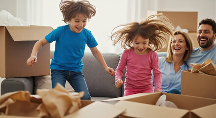 Moving day excitement shows happy kids jumping amidst cardboard boxes in their new home. Family's moving day excitement creates unforgettable moments as they settle in, boxes scattered around.