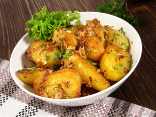 Food - Classic Roasted Potatoes with Bacon and Onions in a Bowl
