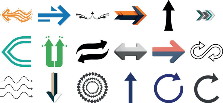 Variety of arrow shapes and directional icons on a transparent background