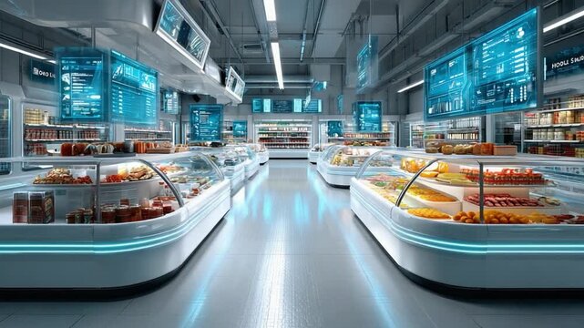 Futuristic Supermarket: Experience the future of grocery shopping, where state-of-the-art displays illuminate a dazzling array of fresh produce and prepared foods.