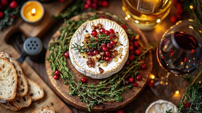 Baked brie with cranberries, nuts, and herbs, served with bread and wine