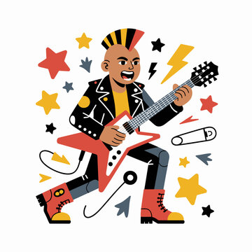Energetic punk rocker playing electric guitar with mohawk and leather jacket