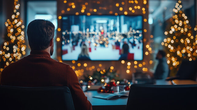 remote christmas greeting between departments on large video screen, corporate setting, festive communication, teamwork holiday atmosphere
