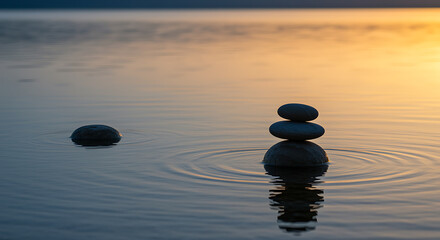 Stacked stones in calm water at sunset zen stones cairn