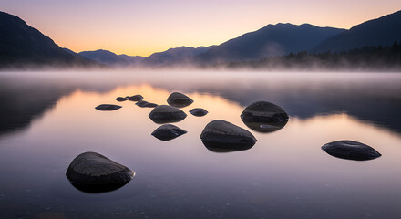 Misty lake at sunrise with dark rocks and mountains
