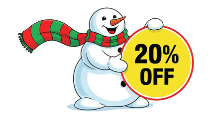 Winter Wonderland Discount: A cheerful snowman, adorned with a festive scarf, gleefully holds up a sign showcasing a special 20% discount, bringing holiday cheer.