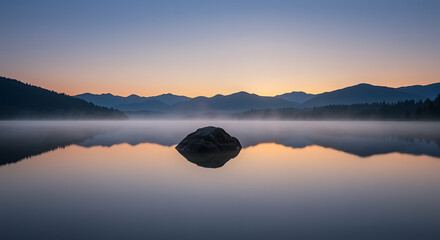 Lone rock in misty lake at sunrise with mountain silhouette
